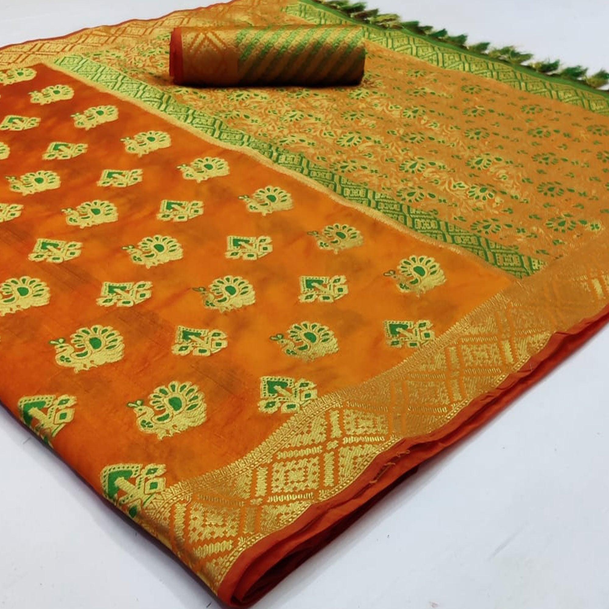 Opulent Orange Colored Festive Wear Woven Cotton Saree - Peachmode