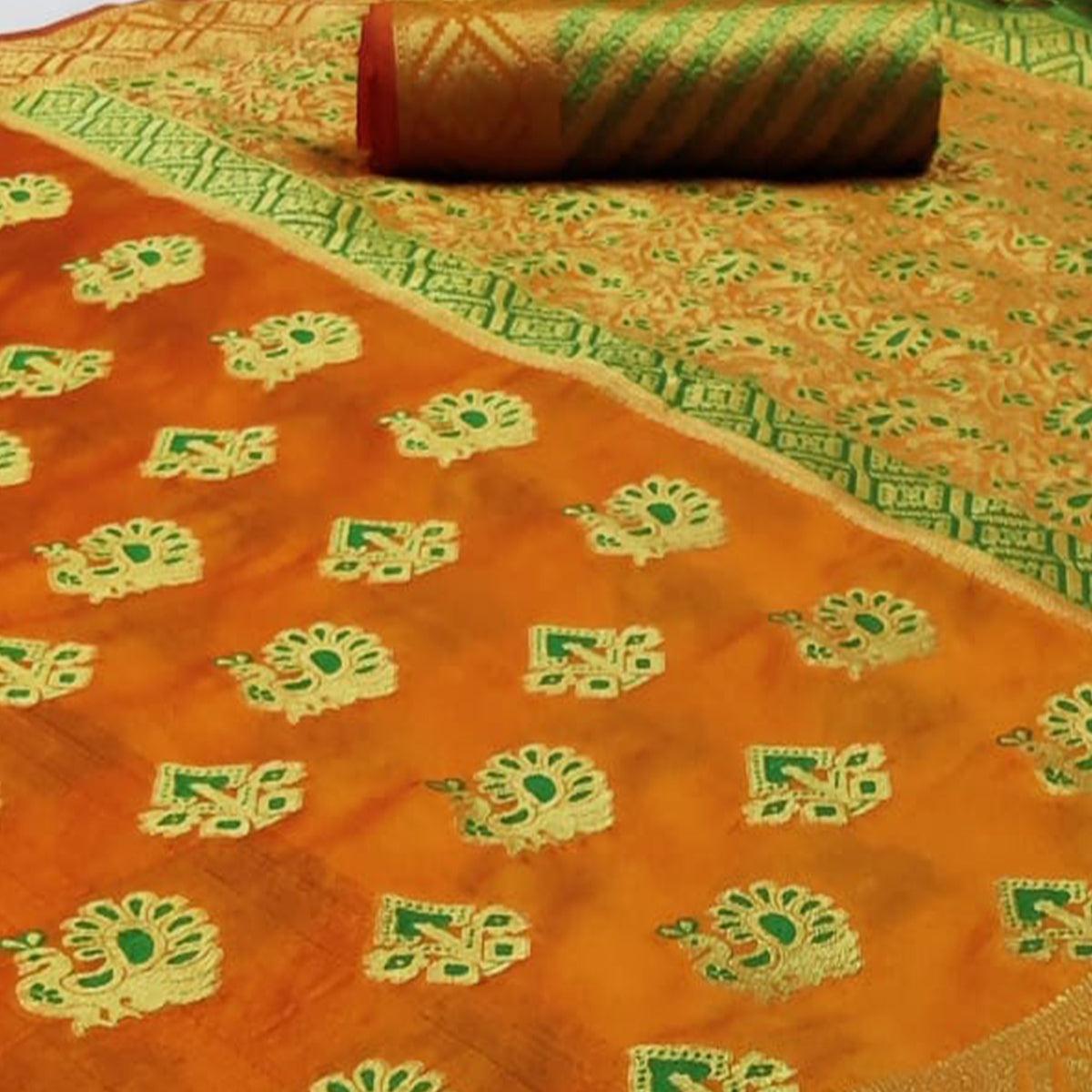 Opulent Orange Colored Festive Wear Woven Cotton Saree - Peachmode