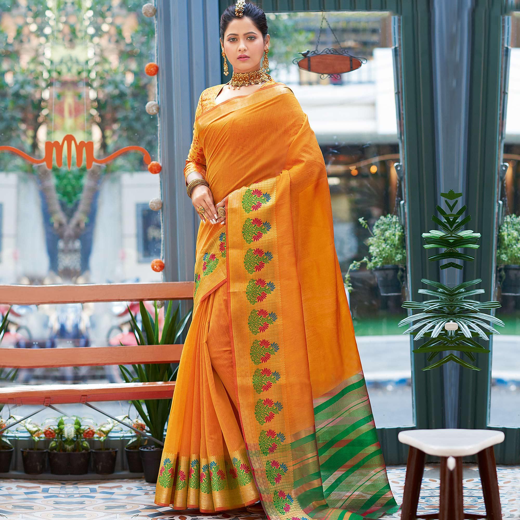 Opulent Orange Colored Festive Wear Woven Cotton Silk Saree - Peachmode