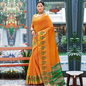 Opulent Orange Colored Festive Wear Woven Cotton Silk Saree - Peachmode