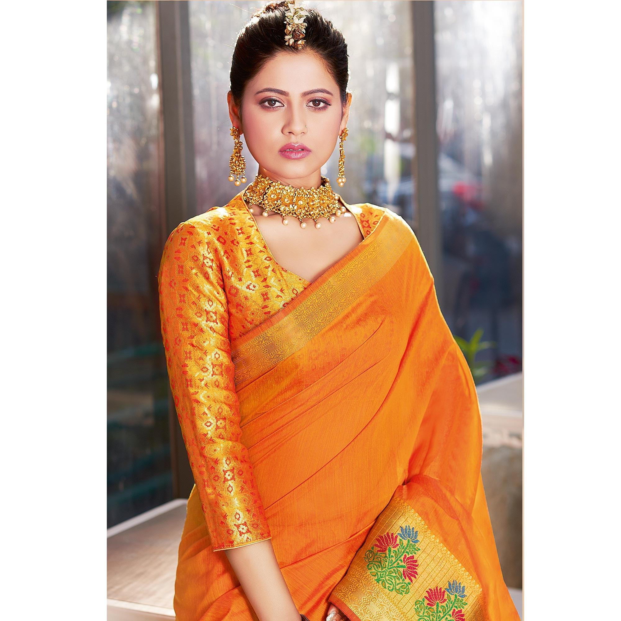 Opulent Orange Colored Festive Wear Woven Cotton Silk Saree - Peachmode