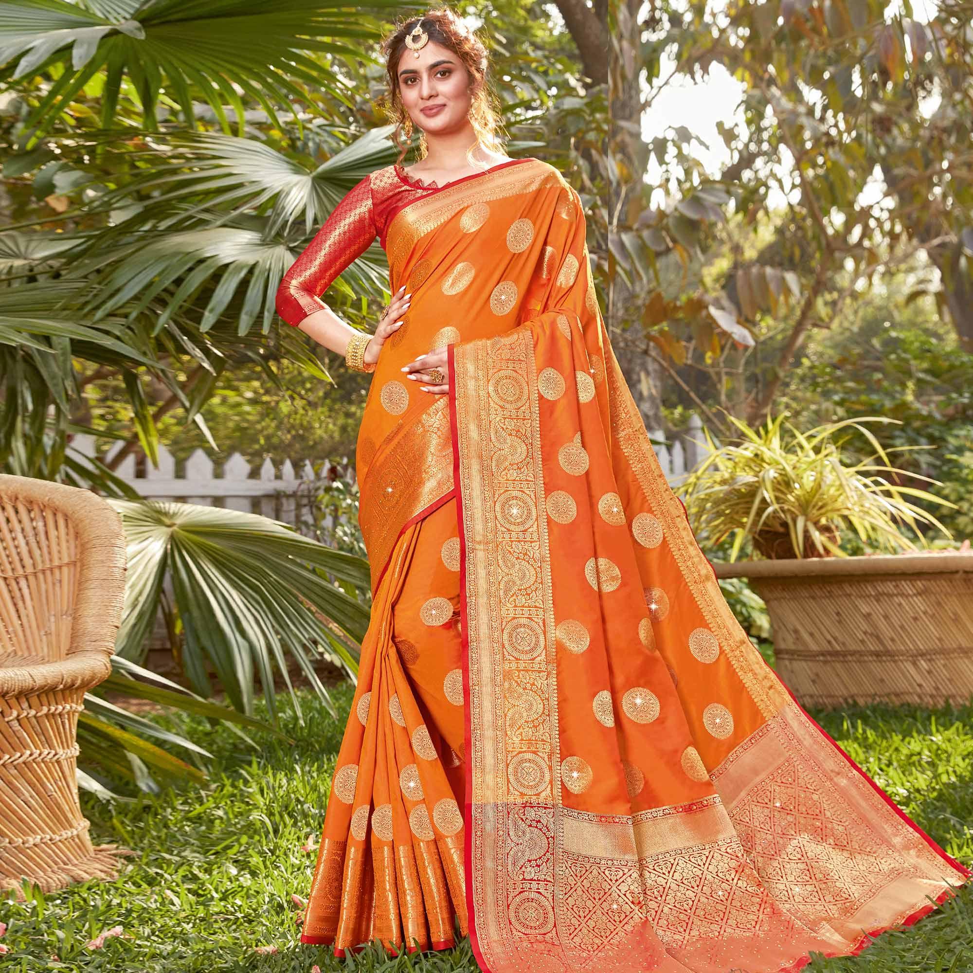 Opulent Orange Colored Festive Wear Woven Silk Saree - Peachmode