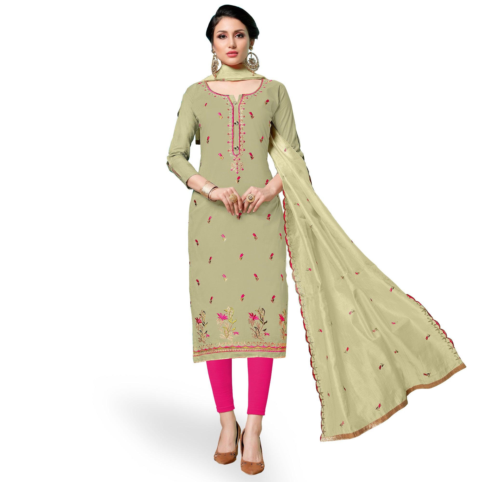 Opulent Pastel Green Colored Partywear Embroidered Cotton Dress Material - Peachmode