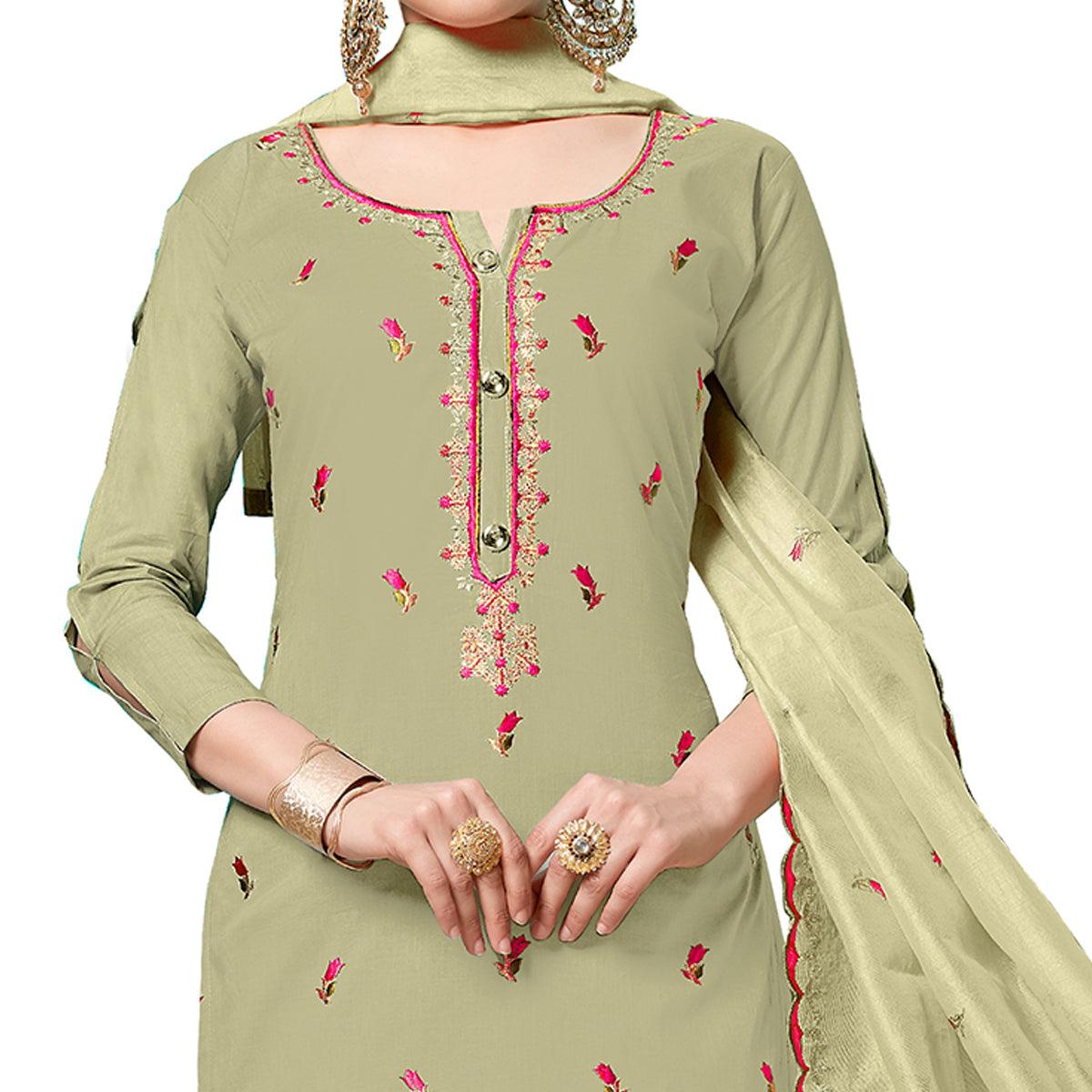 Opulent Pastel Green Colored Partywear Embroidered Cotton Dress Material - Peachmode