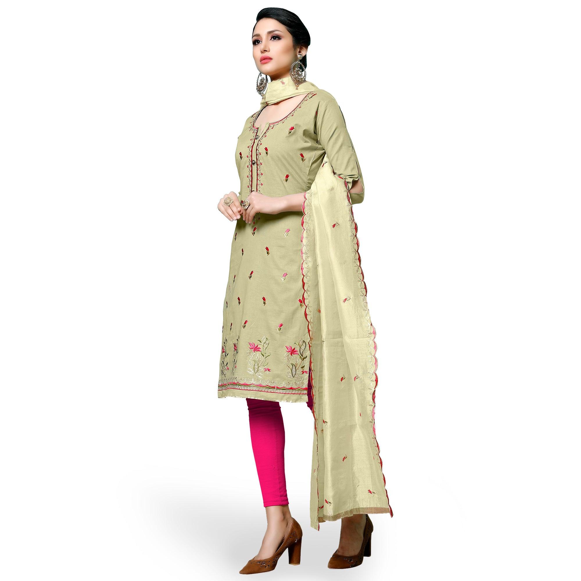 Opulent Pastel Green Colored Partywear Embroidered Cotton Dress Material - Peachmode