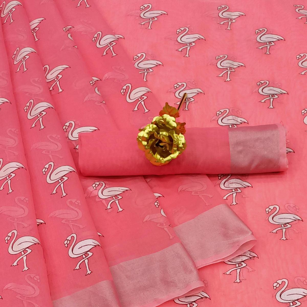 Opulent Peach Colored Casual Wear Printed Cotton Linen Saree - Peachmode
