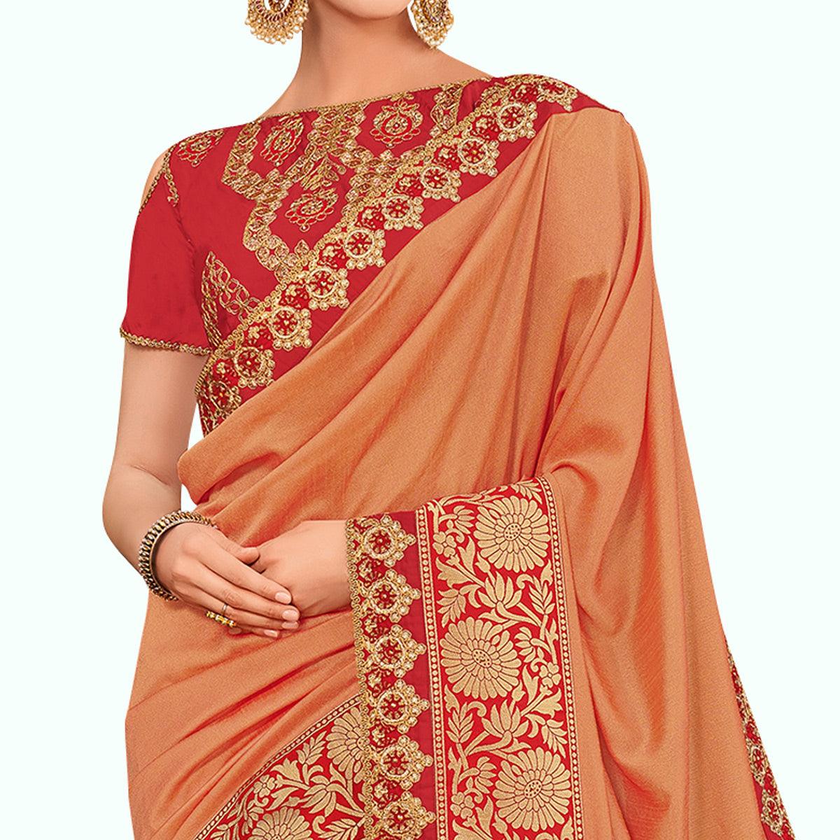 Opulent Peach Colored Partywear Embroidered Art Silk Saree - Peachmode