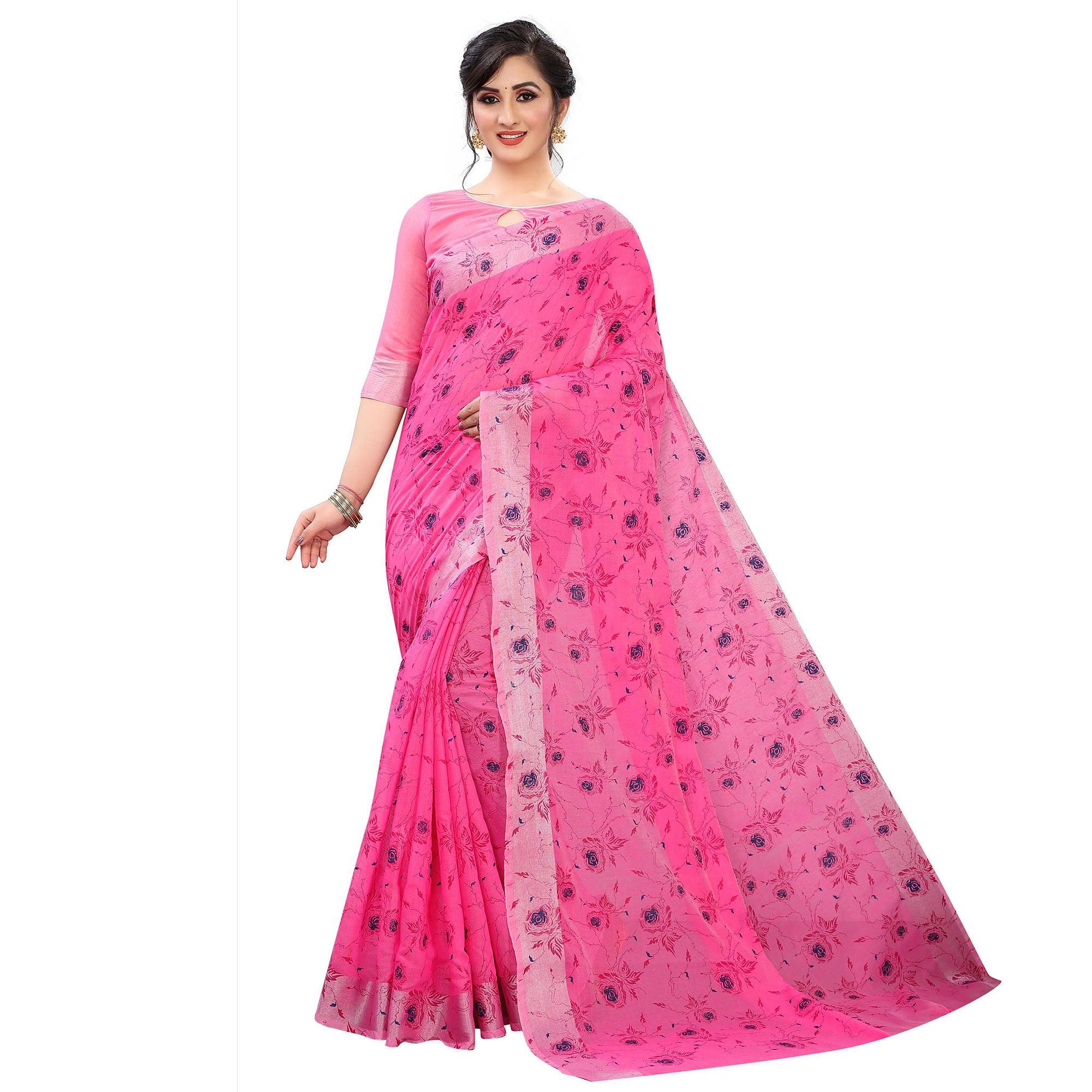Opulent Pink Colored Casual Wear Printed Cotton Linen Saree - Peachmode
