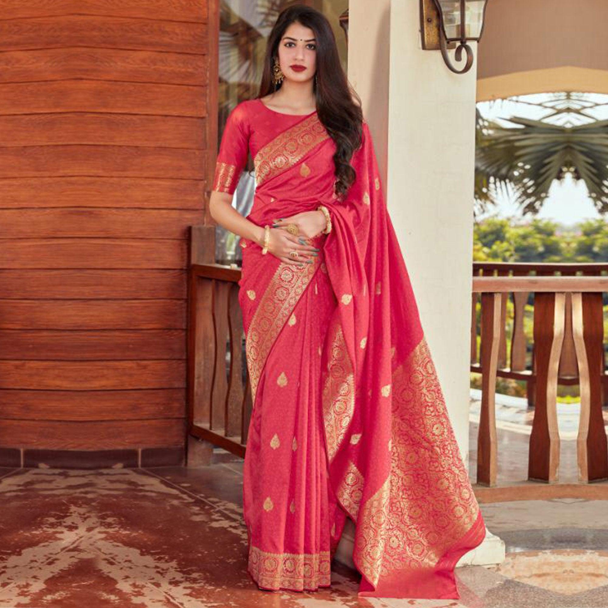 Opulent Pink Coloured Partywear Woven Silk Saree - Peachmode