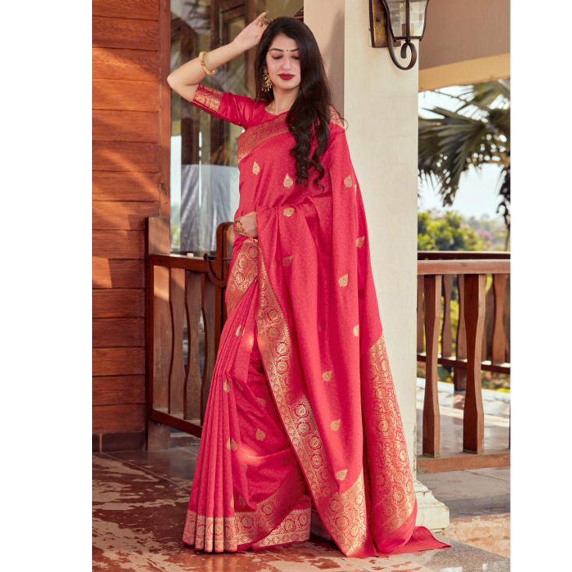Opulent Pink Coloured Partywear Woven Silk Saree - Peachmode