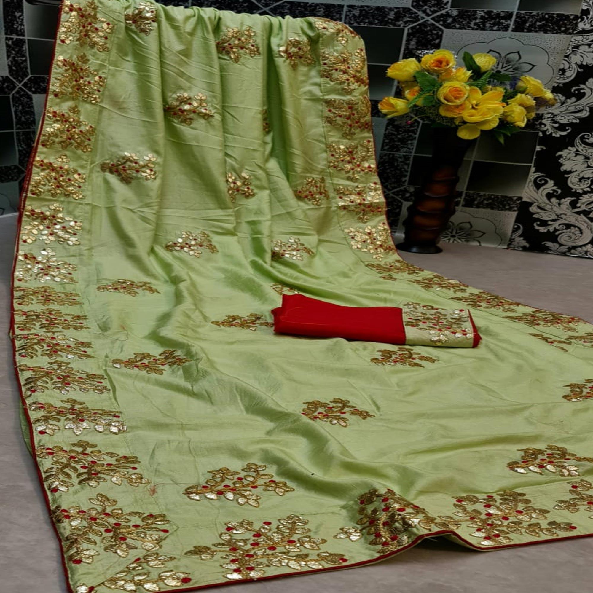 Opulent Pista Green Colored Festive Wear Woven Moss Georgette Saree - Peachmode