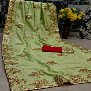 Opulent Pista Green Colored Festive Wear Woven Moss Georgette Saree - Peachmode