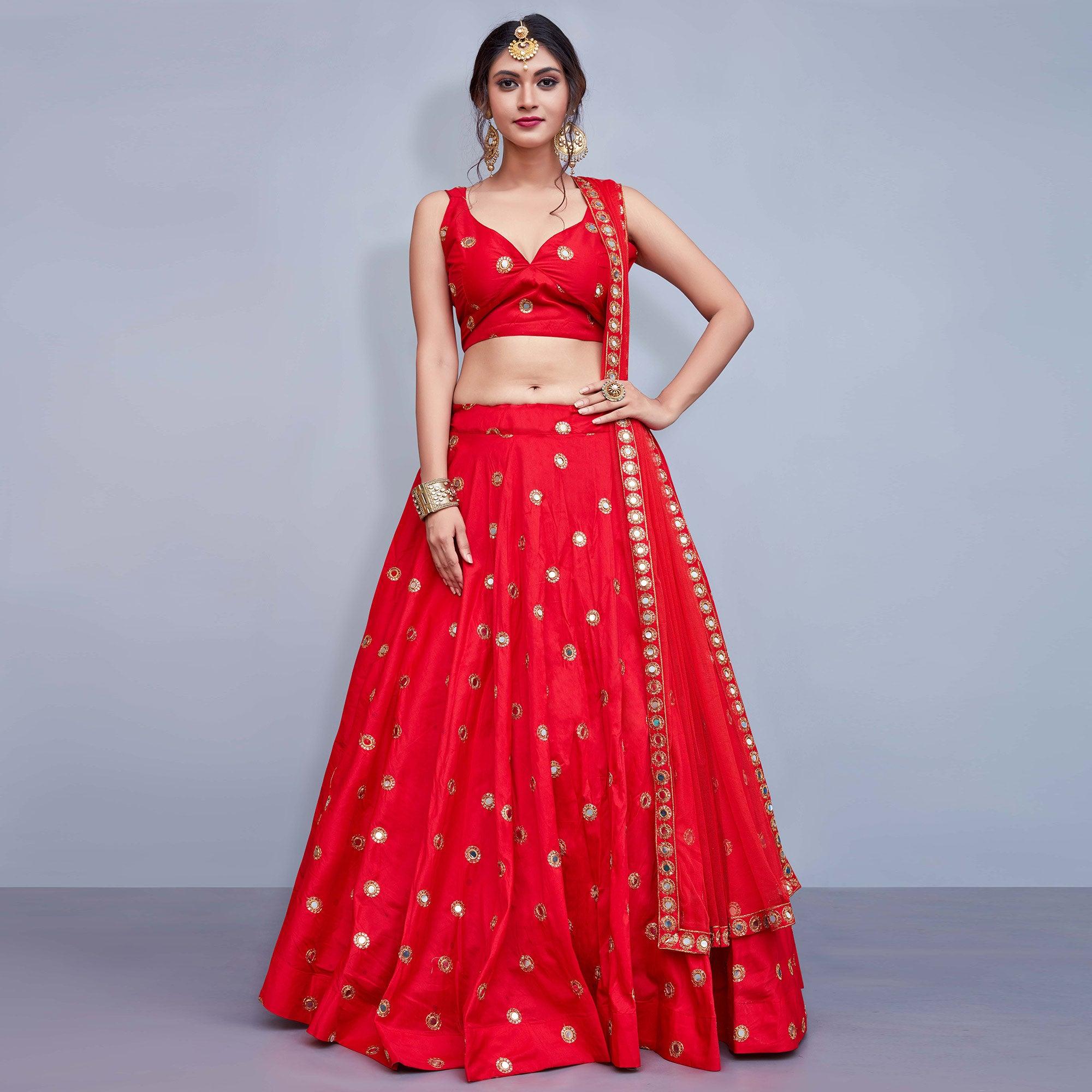 Opulent Red Colored Party Wear Fancy Tapetta Silk Lehenga - Peachmode