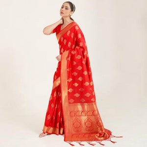Opulent Red Coloured Festive Wear Handloom Woven Silk Saree - Peachmode