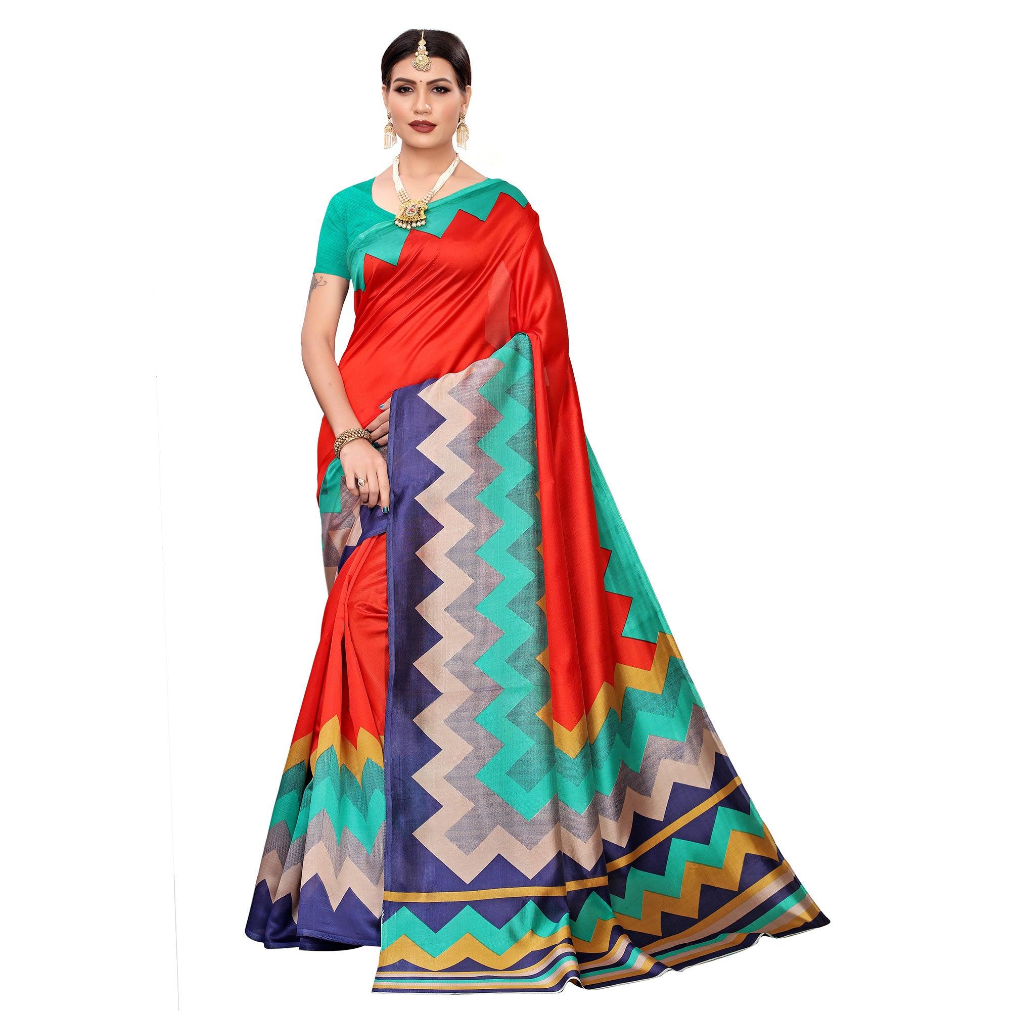 Opulent Red-Multi Colored Casual Printed Mysore Silk Saree - Peachmode