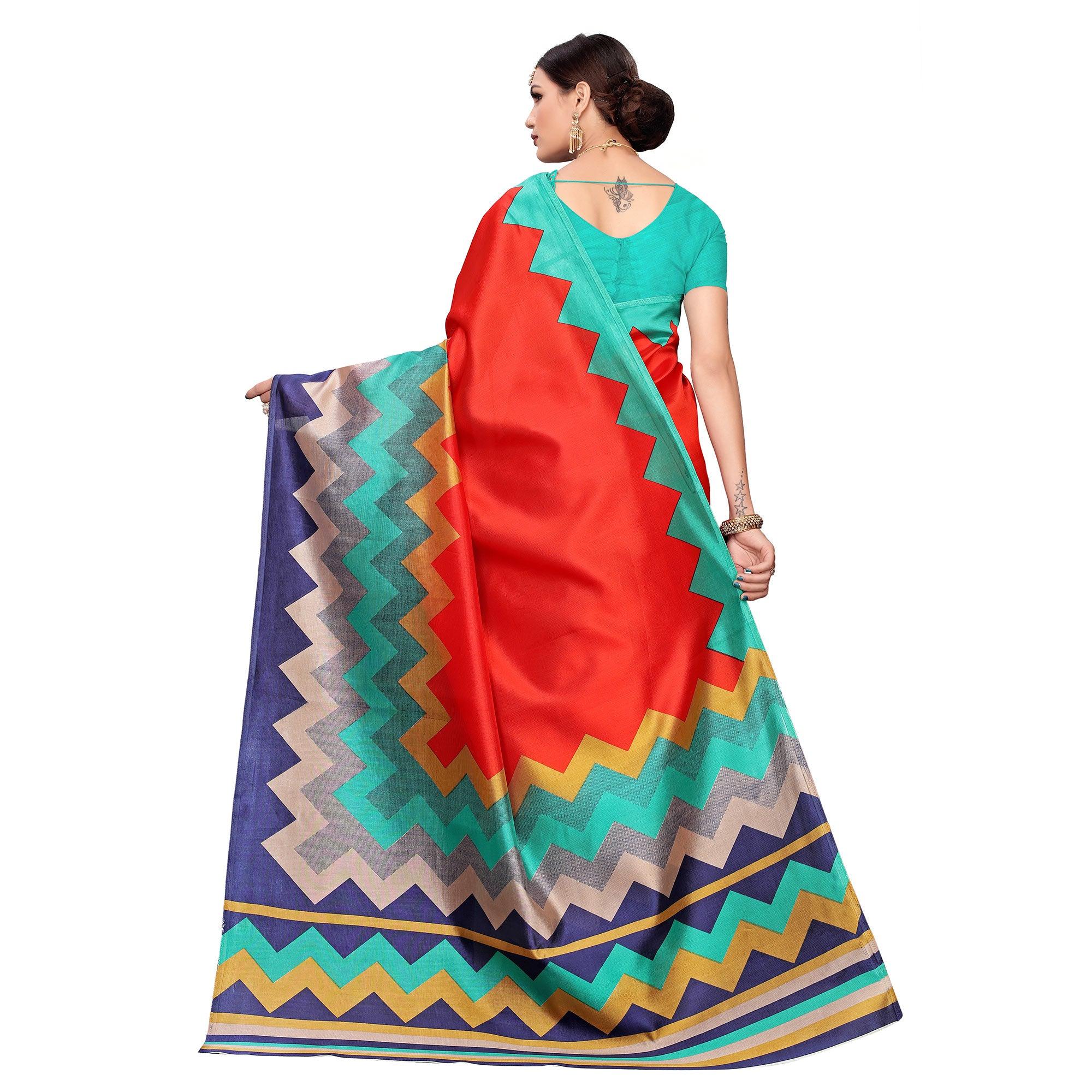 Opulent Red-Multi Colored Casual Printed Mysore Silk Saree - Peachmode