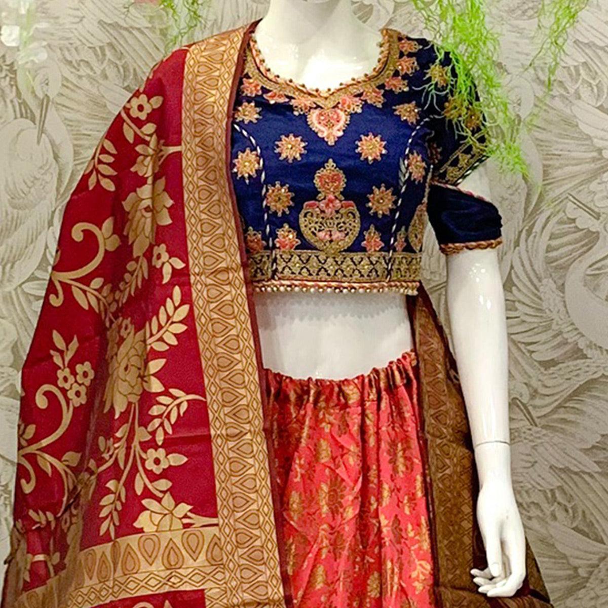 Opulent Rust Colored Designer Wedding Wear Woven Banarasi Silk Lehenga Choli - Peachmode