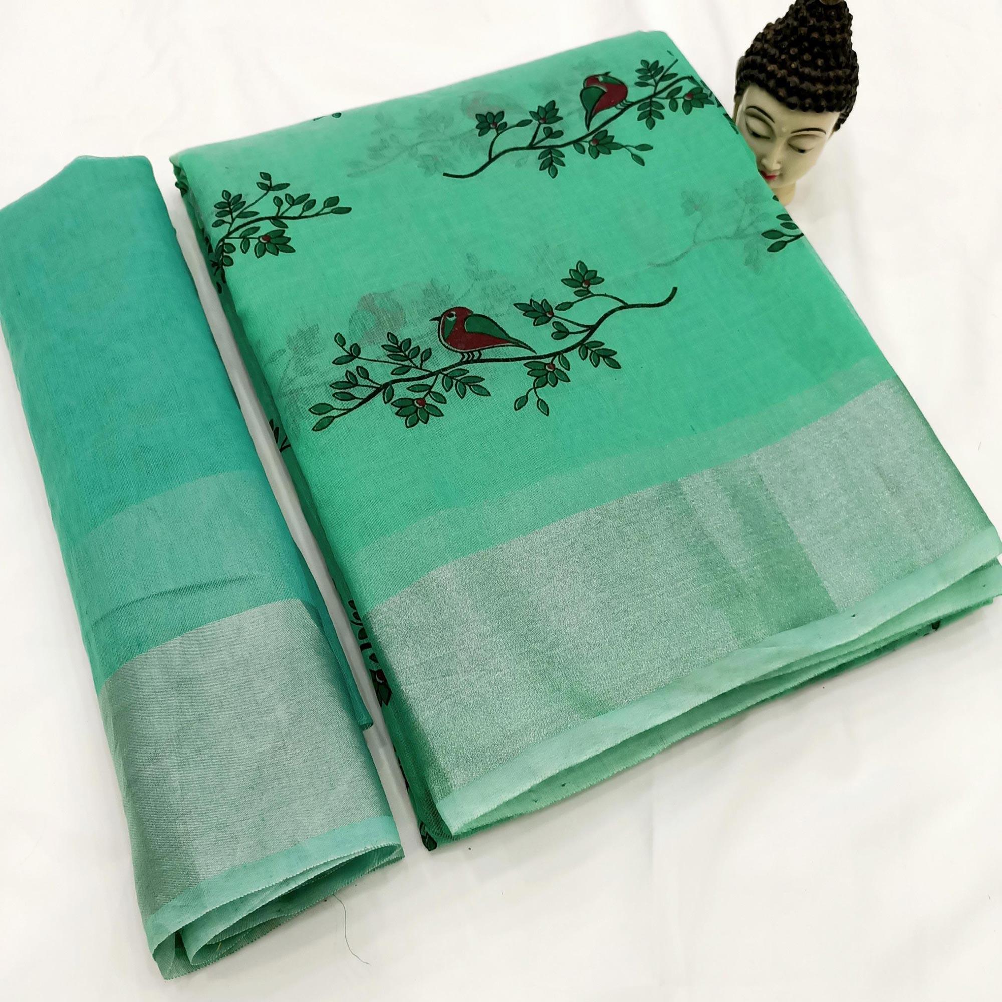 Opulent Sea Green Colored Casual Wear Block Printed Cotton Linen Saree - Peachmode