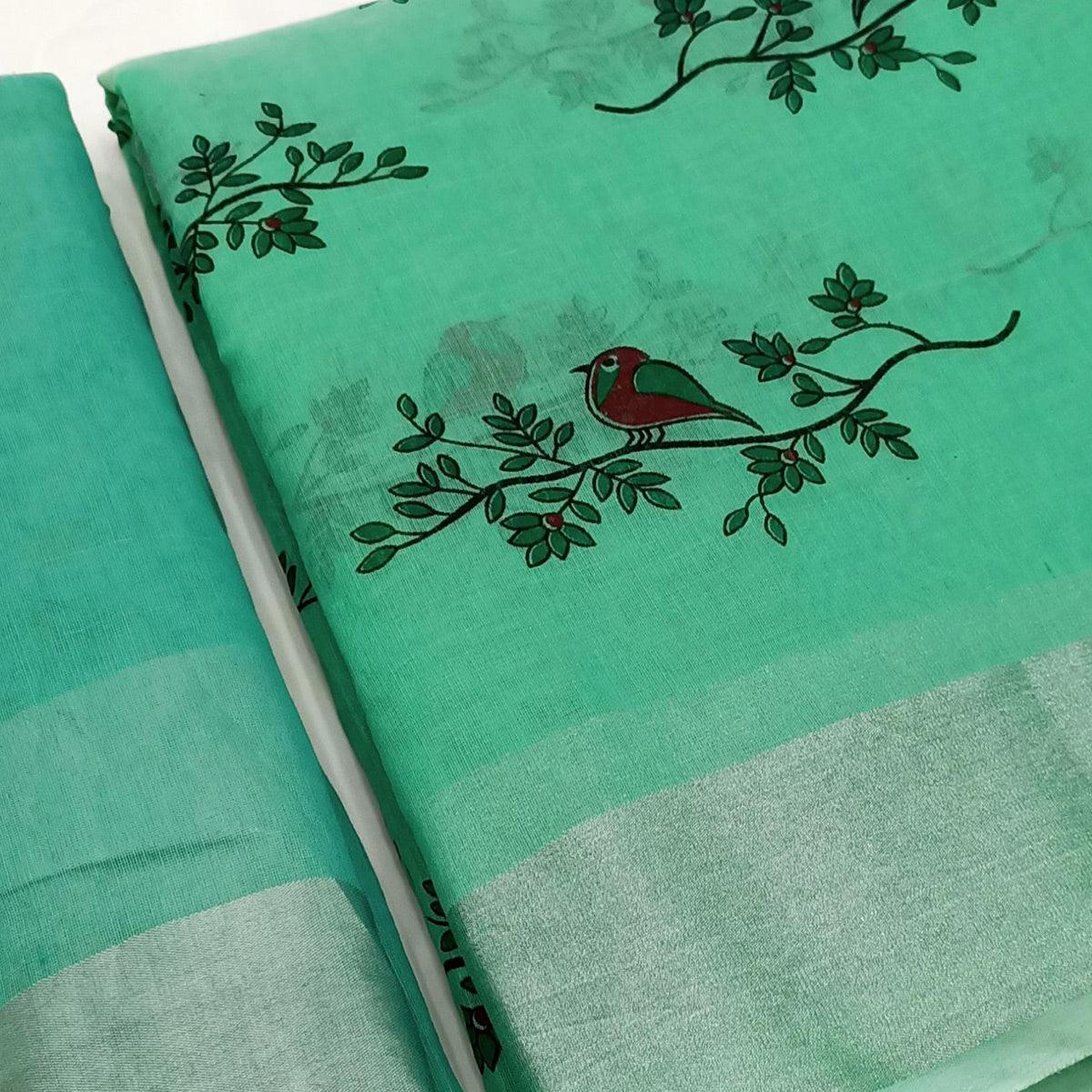 Opulent Sea Green Colored Casual Wear Block Printed Cotton Linen Saree - Peachmode