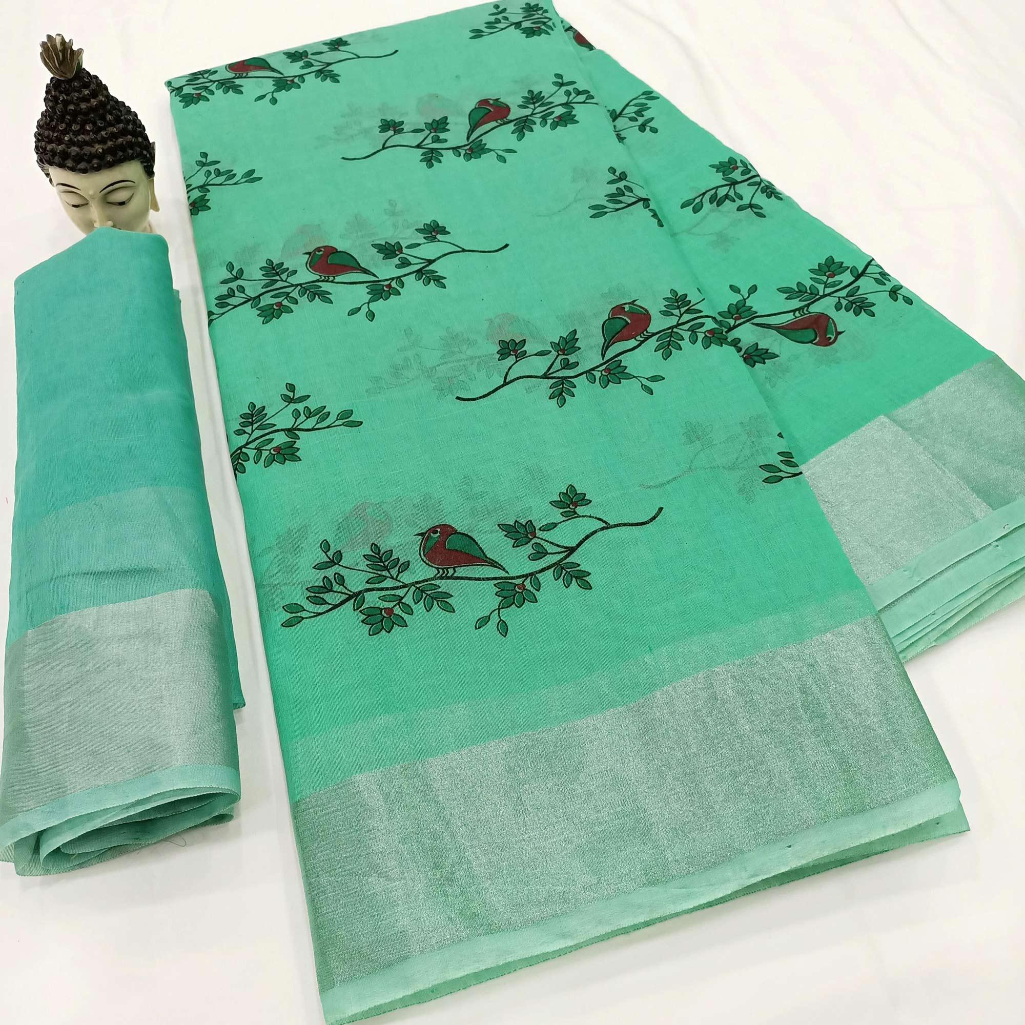 Opulent Sea Green Colored Casual Wear Block Printed Cotton Linen Saree - Peachmode