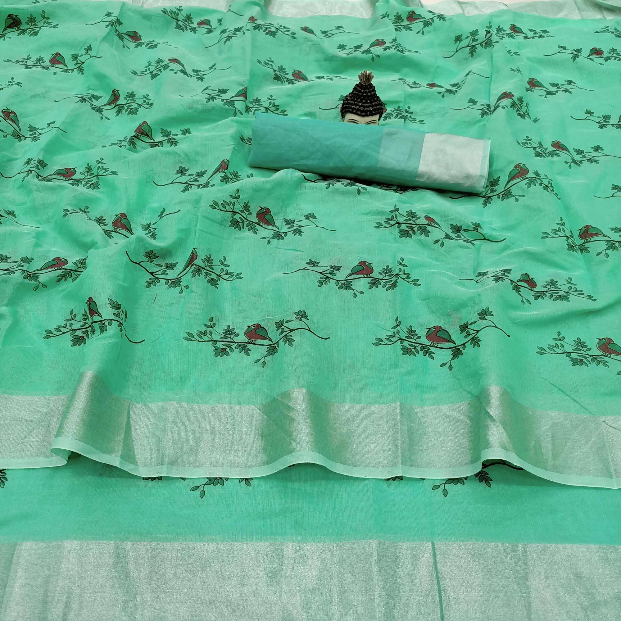 Opulent Sea Green Colored Casual Wear Block Printed Cotton Linen Saree - Peachmode