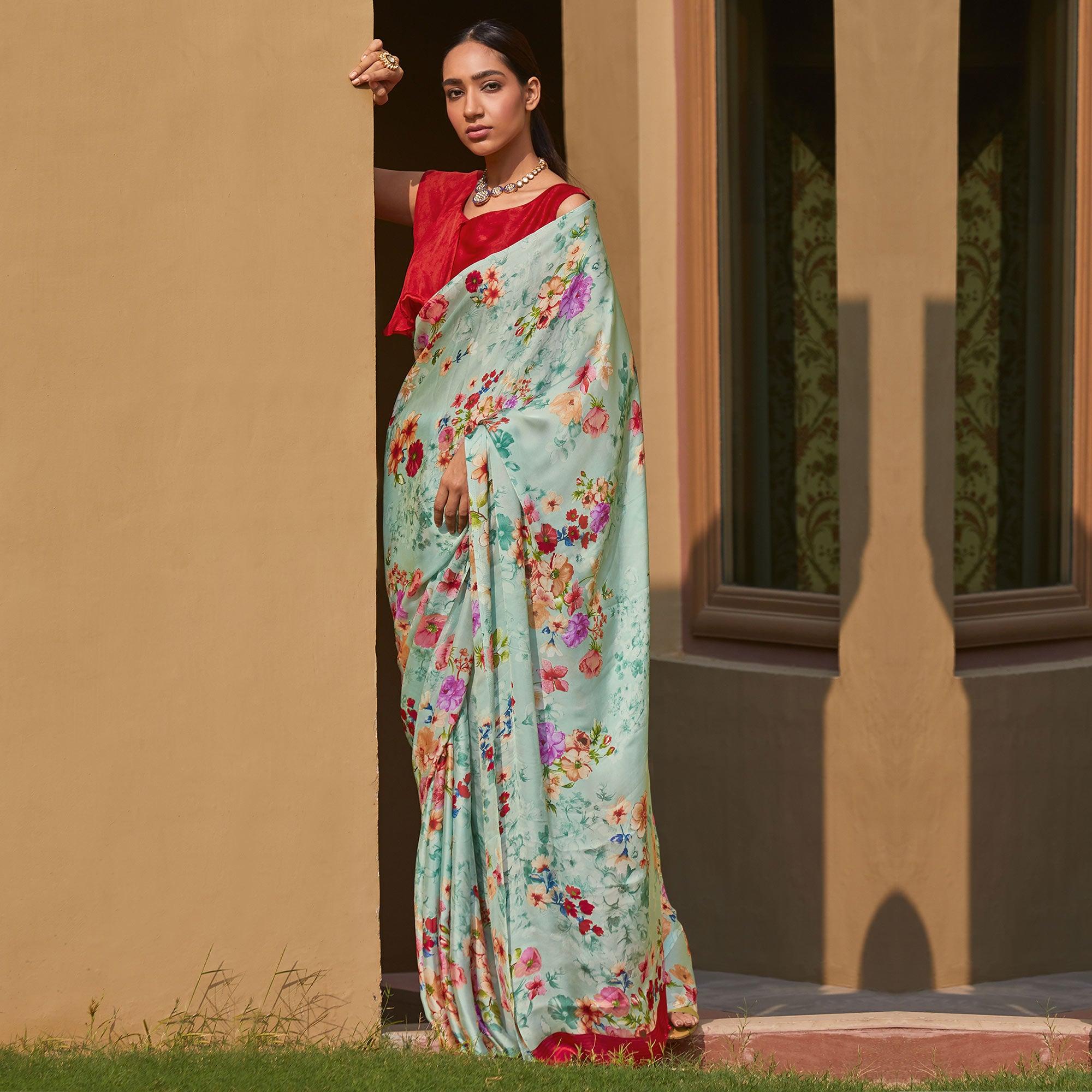 Opulent Sea Green Colored Partywear Digital Printed Satin Georgette Saree - Peachmode
