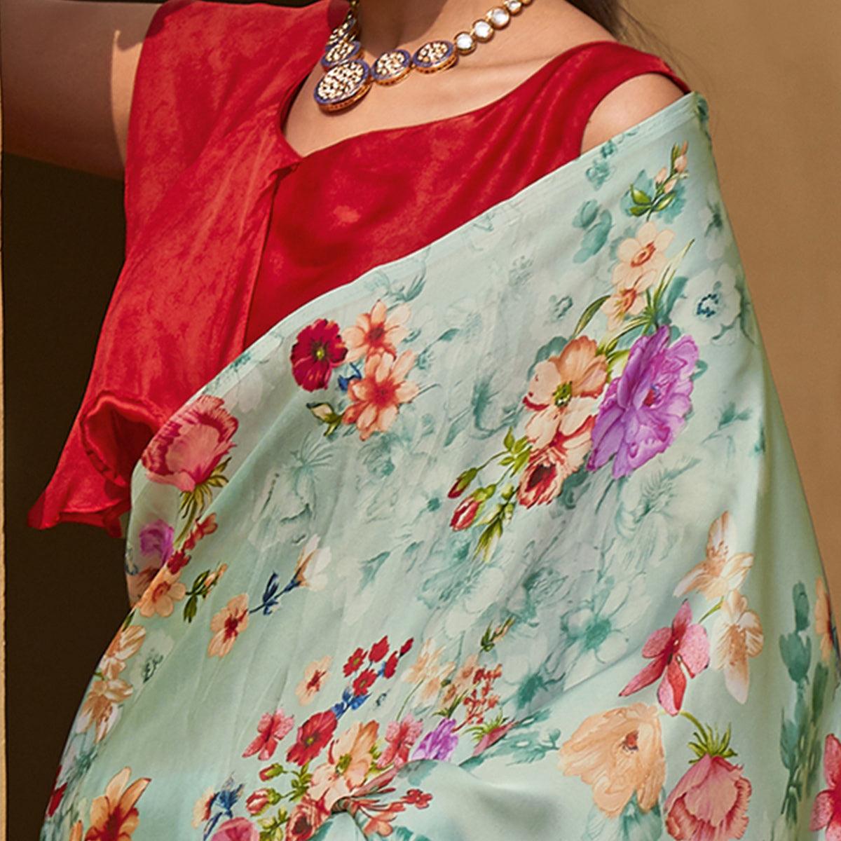 Opulent Sea Green Colored Partywear Digital Printed Satin Georgette Saree - Peachmode
