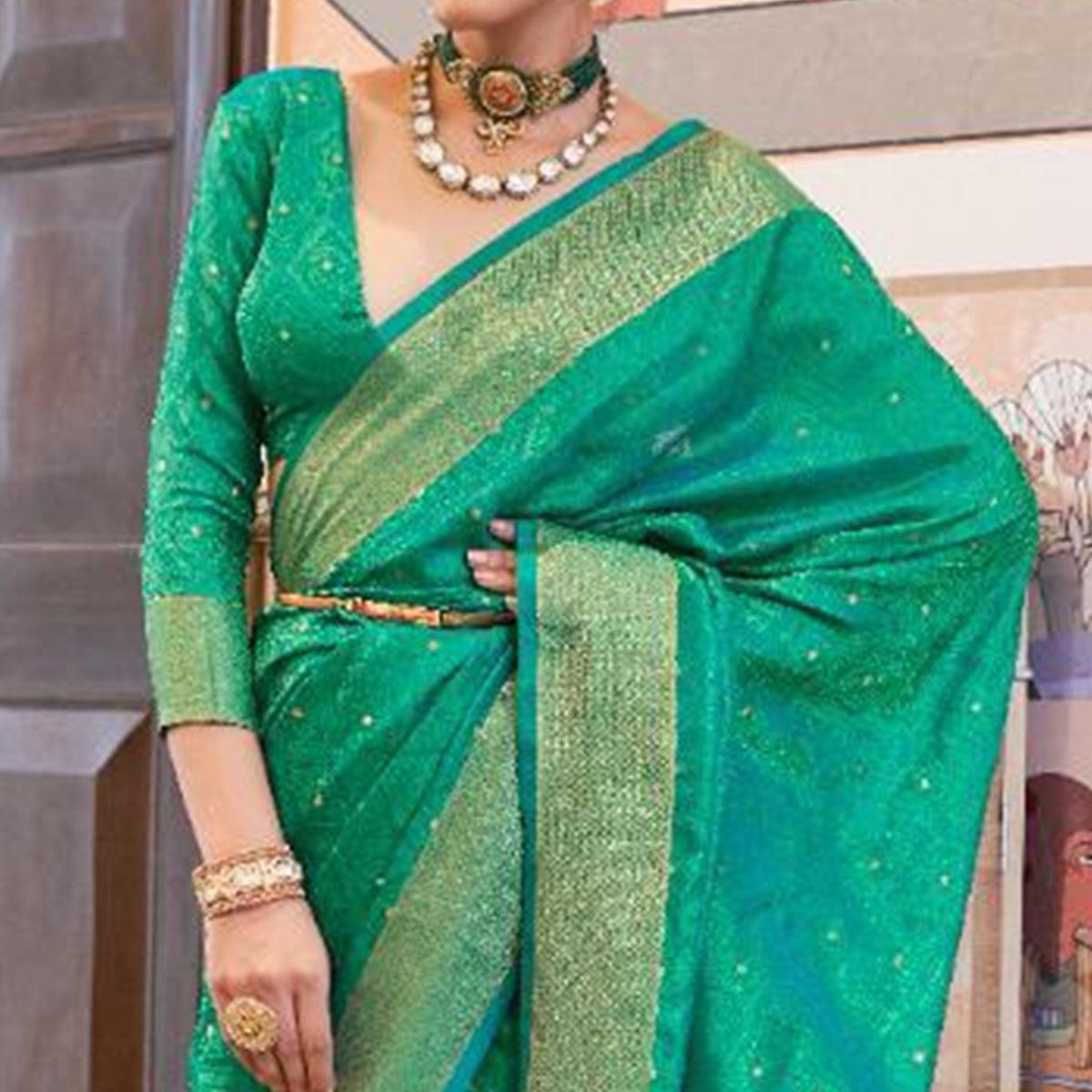 Opulent Turquoise Green Colored Festive Wear Woven Pure Kanjivaram Silk Saree - Peachmode