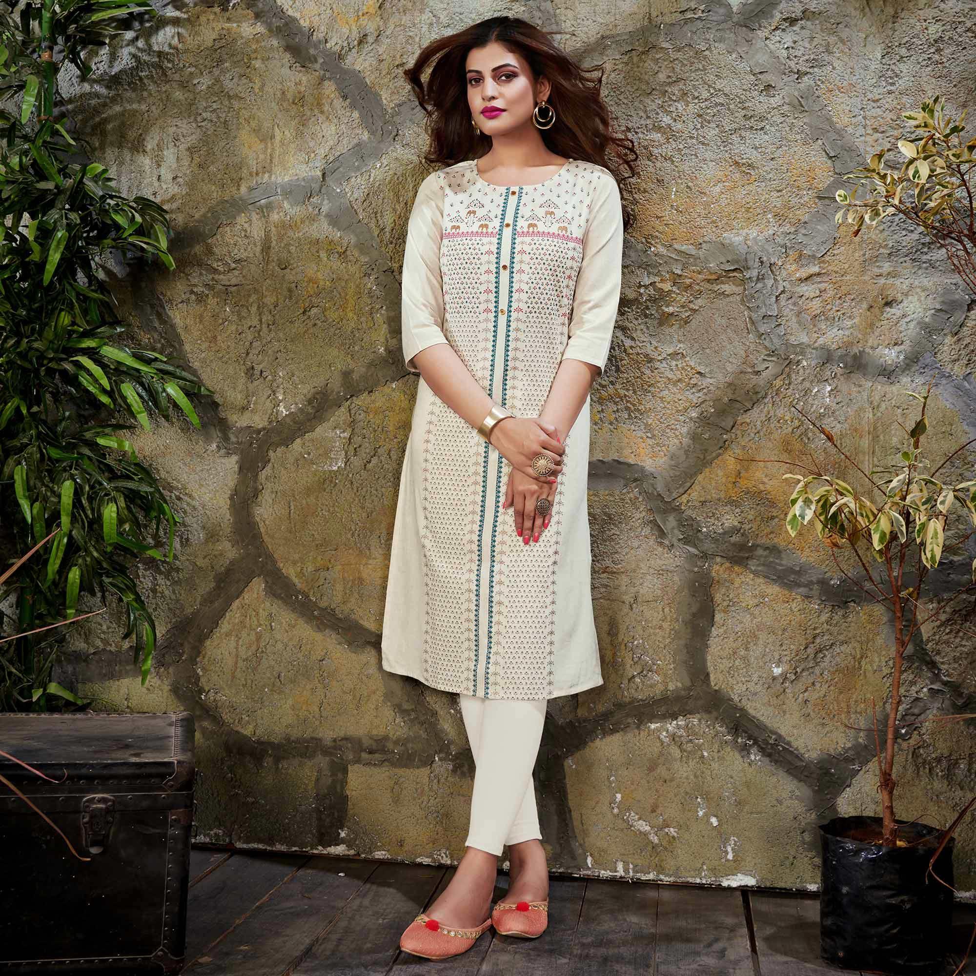 Opulent White Colored Casual Printed Cotton Kurti - Peachmode
