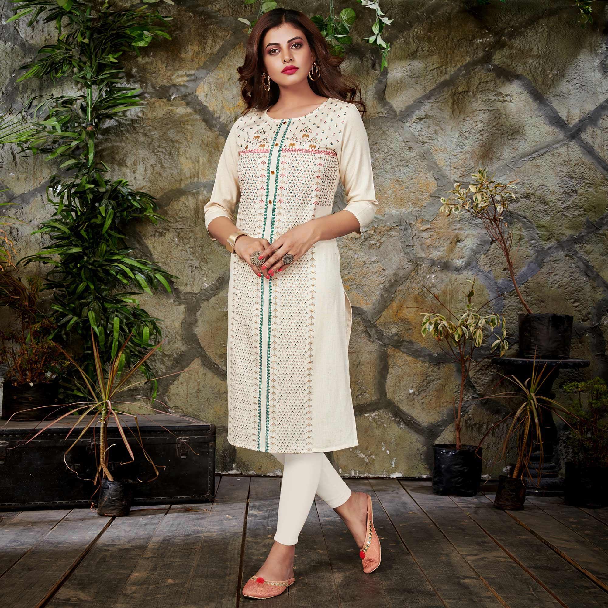 Opulent White Colored Casual Printed Cotton Kurti - Peachmode