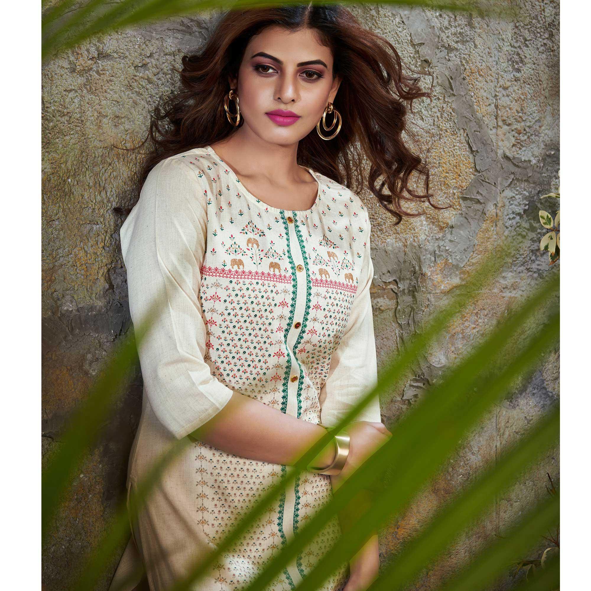 Opulent White Colored Casual Printed Cotton Kurti - Peachmode