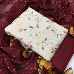 Opulent White - Maroon Colored Casual Wear Foil Work Khadi Dress Material - Peachmode
