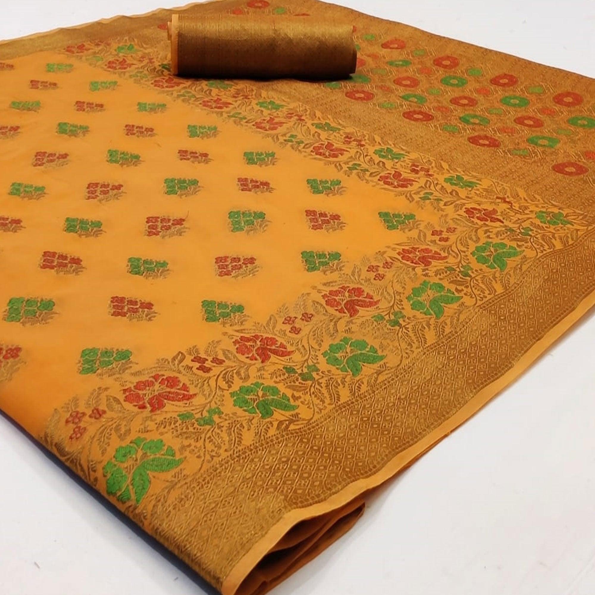 Opulent Yellow Colored Festive Wear Woven Cotton Saree - Peachmode