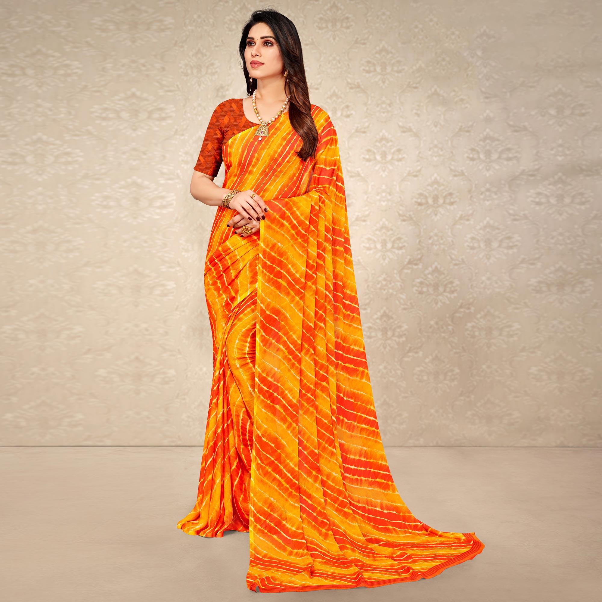 Orange & Mustard Printed Chiffon Saree - Peachmode