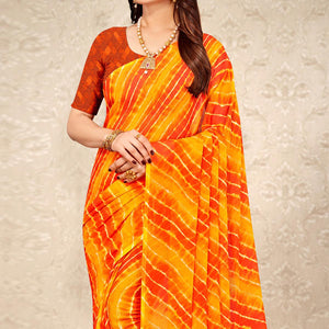 Orange & Mustard Printed Chiffon Saree - Peachmode