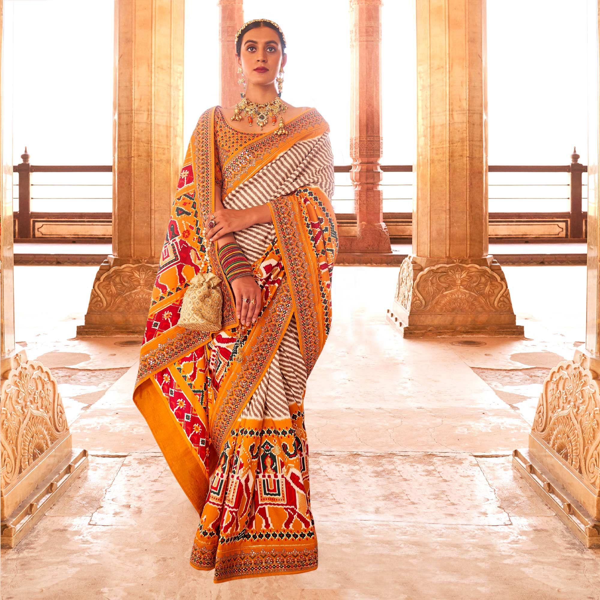 Orange & Off White Patola Printed-Sequence Embroidered Pure Silk Saree - Peachmode
