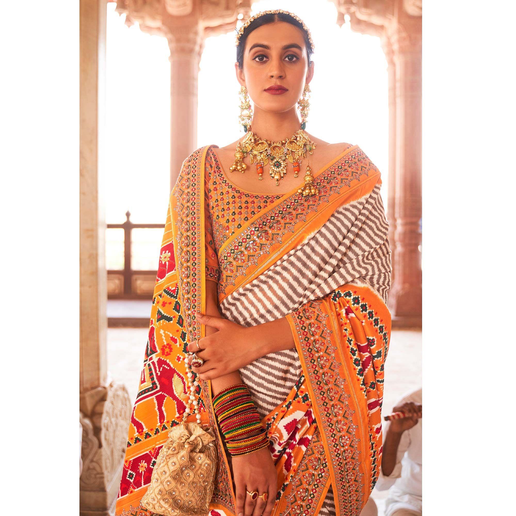 Orange & Off White Patola Printed-Sequence Embroidered Pure Silk Saree - Peachmode