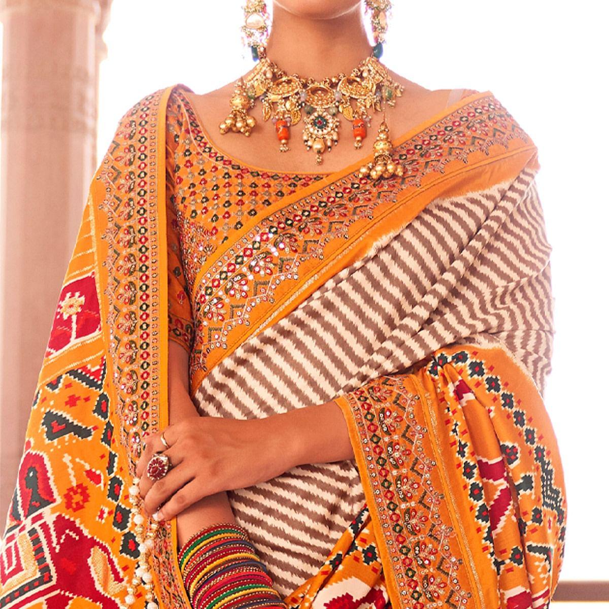 Orange & Off White Patola Printed-Sequence Embroidered Pure Silk Saree - Peachmode