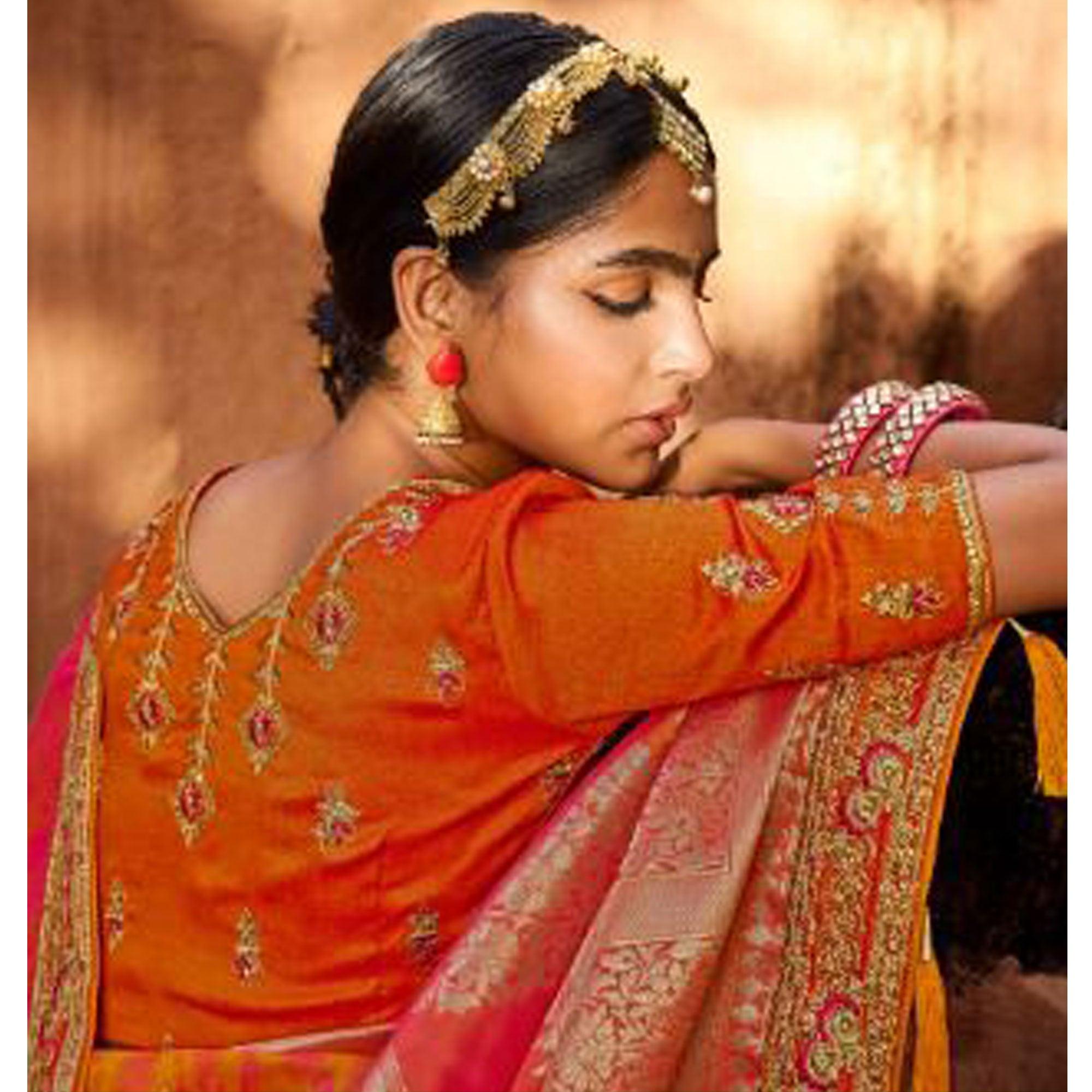 Orange & Pink Festive Wear Woven Poly Silk Saree - Peachmode