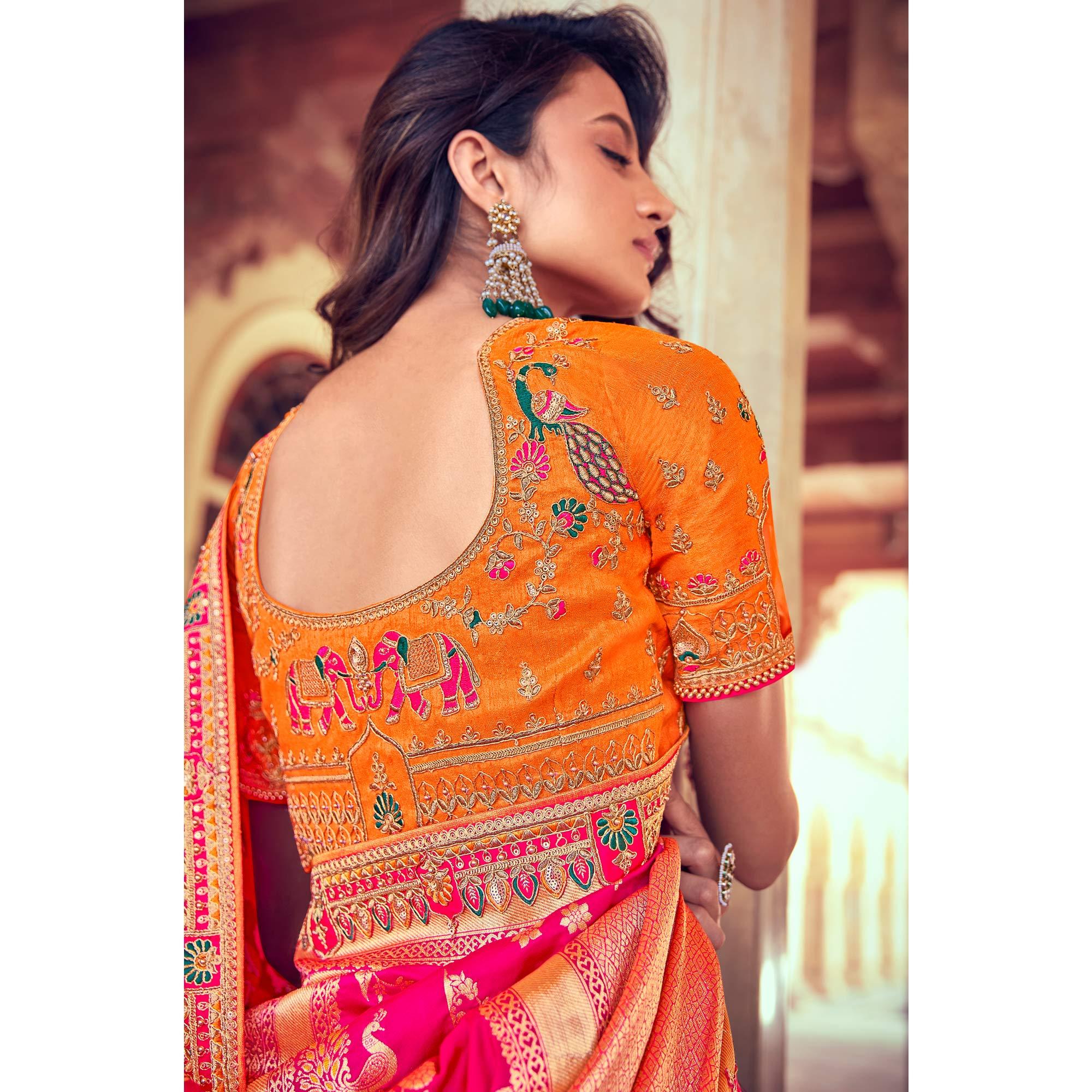 Orange & Pink Wedding Wear Woven & Embroidered Silk Lehenga Choli - Peachmode