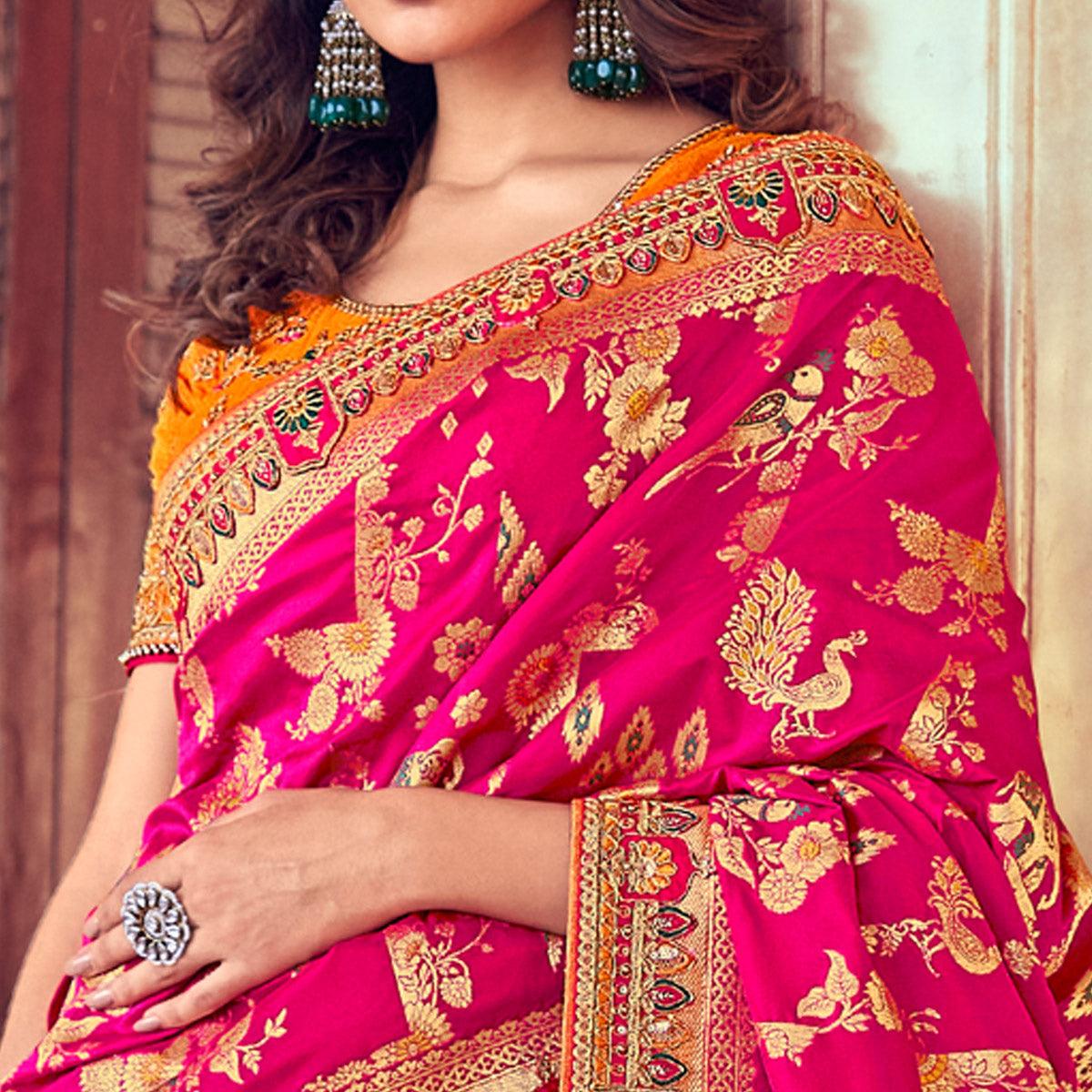 Orange & Pink Wedding Wear Woven & Embroidered Silk Lehenga Choli - Peachmode