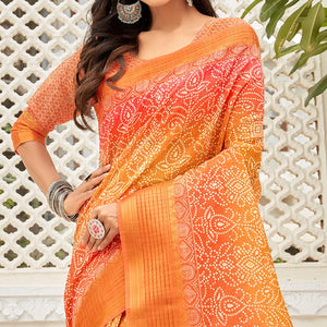 Orange & Red Casual Wear Printed Soft Linen Saree - Peachmode