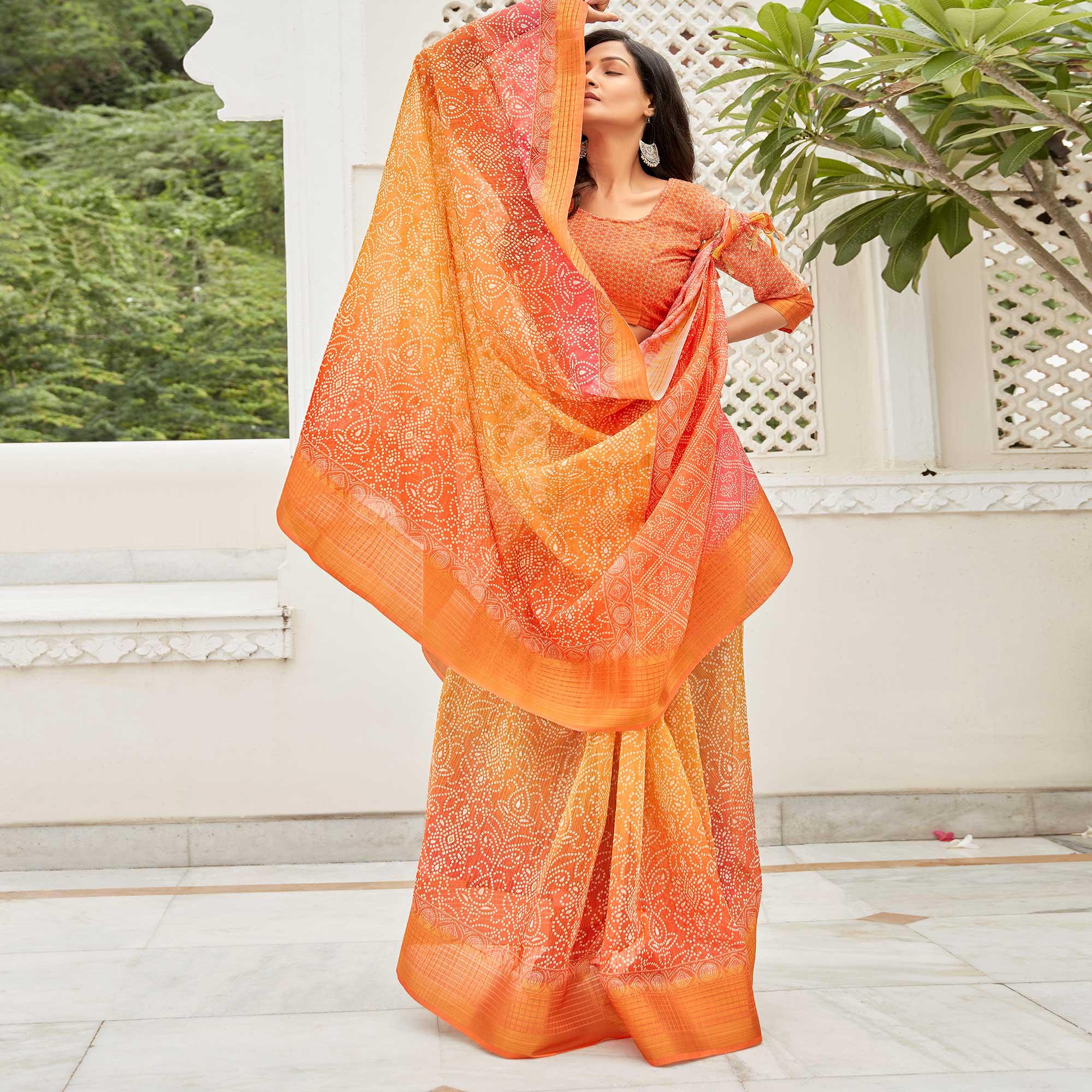 Orange & Red Casual Wear Printed Soft Linen Saree - Peachmode