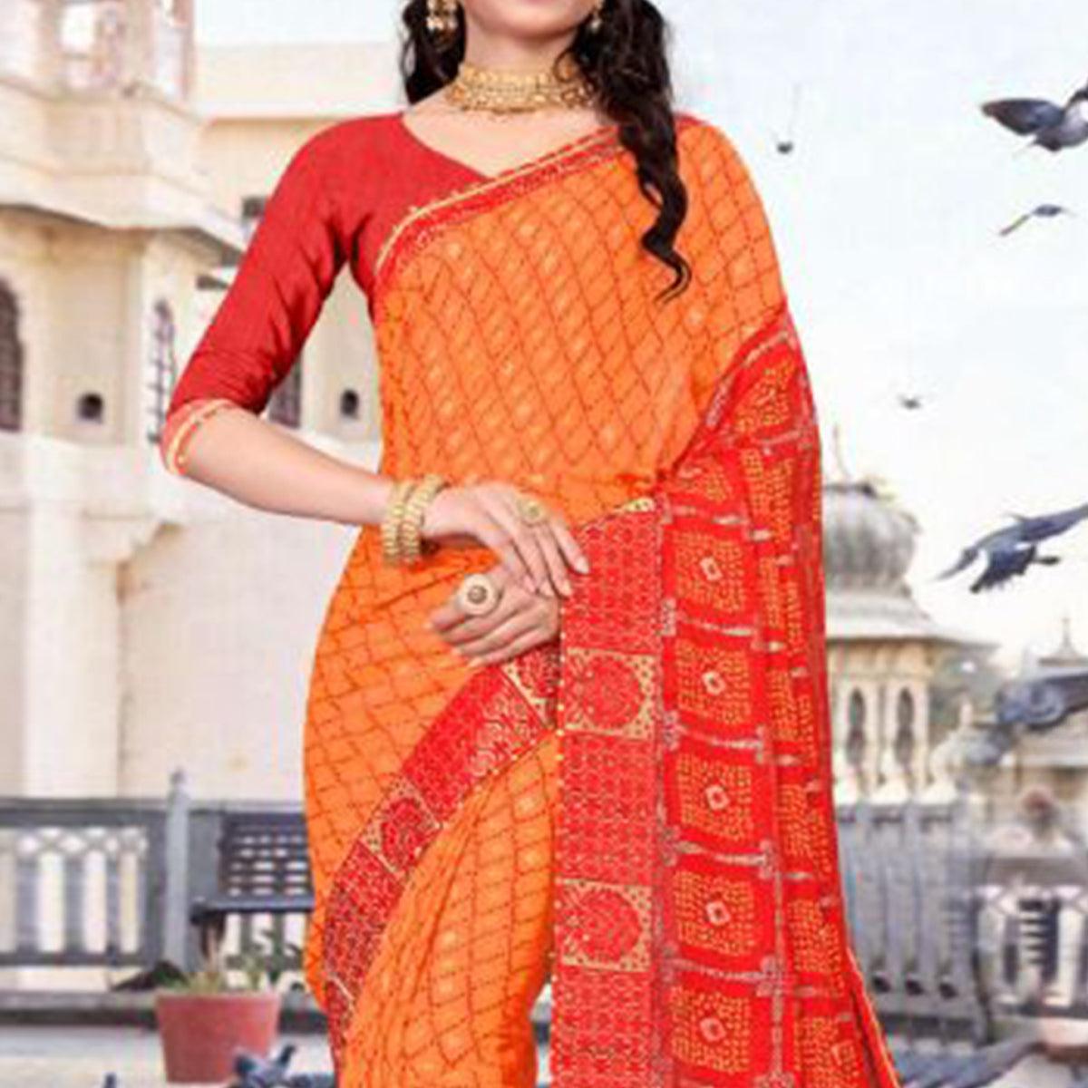 Orange & Red Festive Wear Bandhani Printed Chiffon Saree With Diamond Border - Peachmode