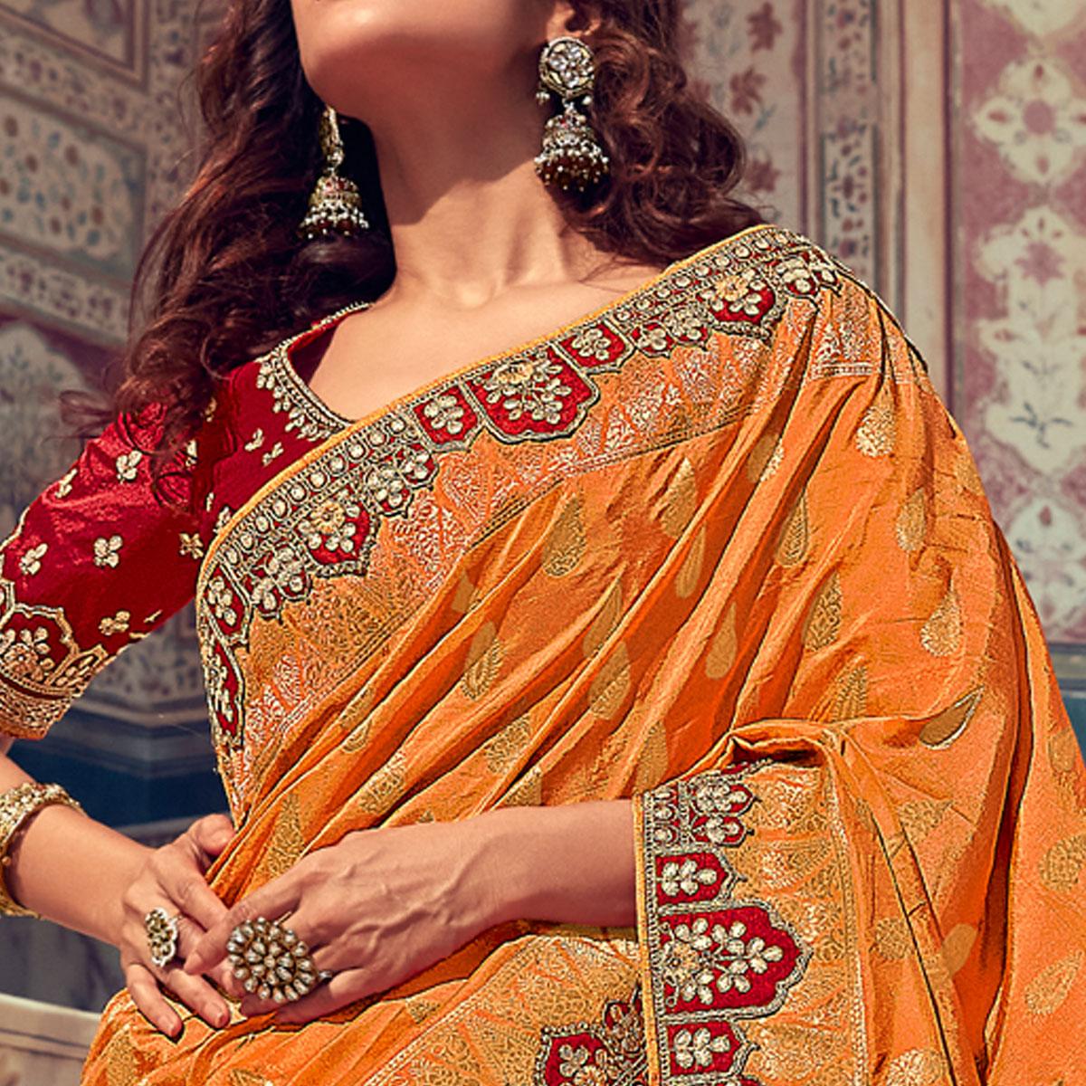 Orange & Red Wedding Wear Woven & Embroidered Silk Lehenga Choli - Peachmode
