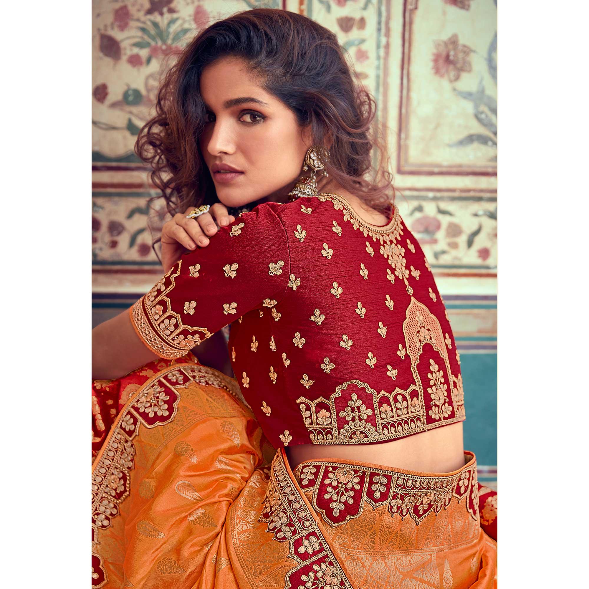 Orange & Red Wedding Wear Woven & Embroidered Silk Lehenga Choli - Peachmode