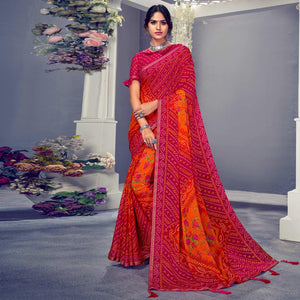 Orange & Rose Pink Bandhani Printed Chiffon Saree With Tassels - Peachmode