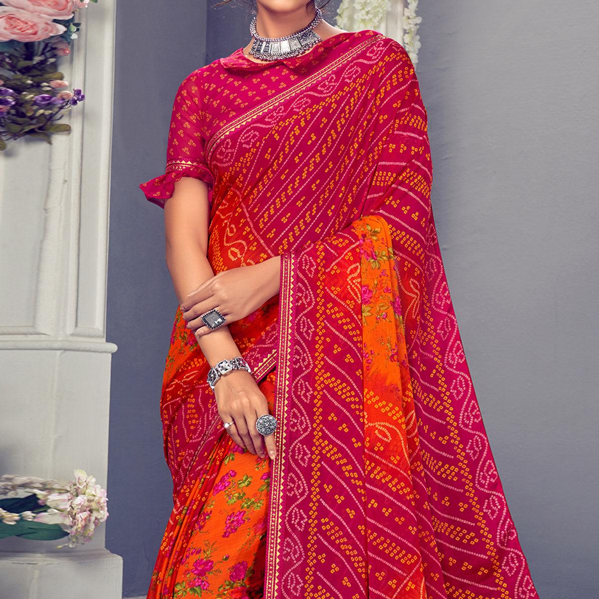 Orange & Rose Pink Bandhani Printed Chiffon Saree With Tassels - Peachmode