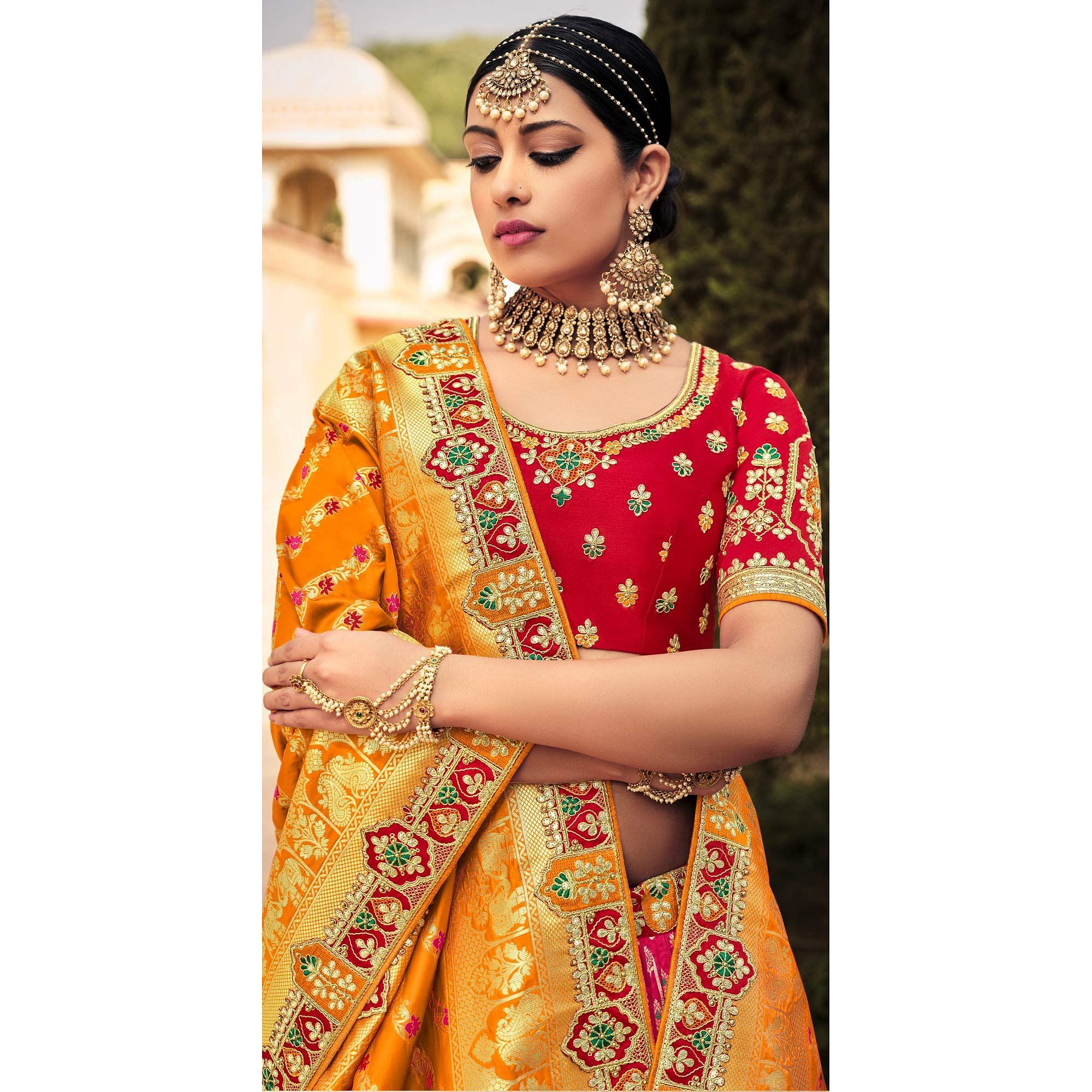 Orange & Rose Pink Wedding Wear Woven-Embellished Banarasi Silk Lehenga Choli - Peachmode
