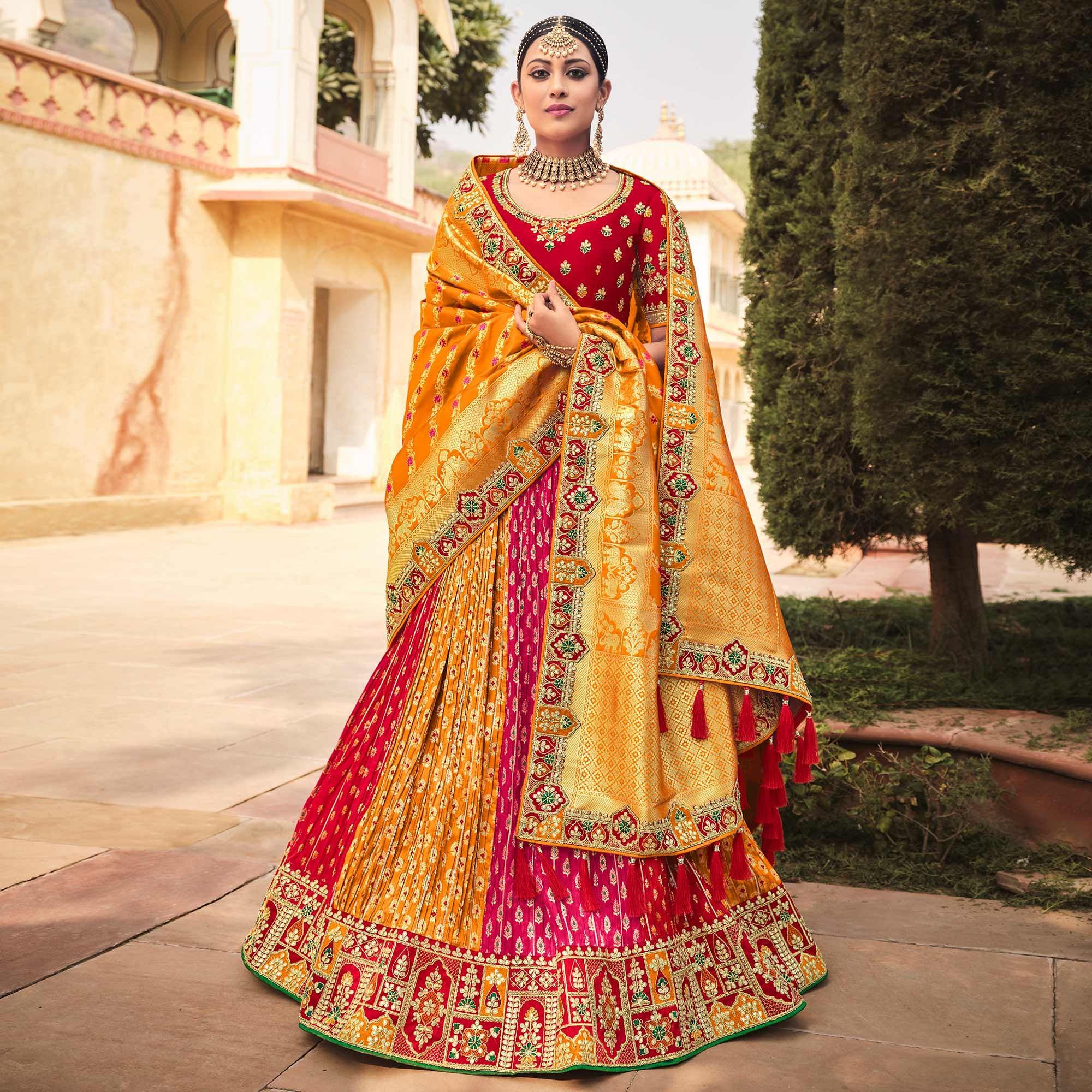 Orange & Rose Pink Wedding Wear Woven-Embellished Banarasi Silk Lehenga Choli - Peachmode